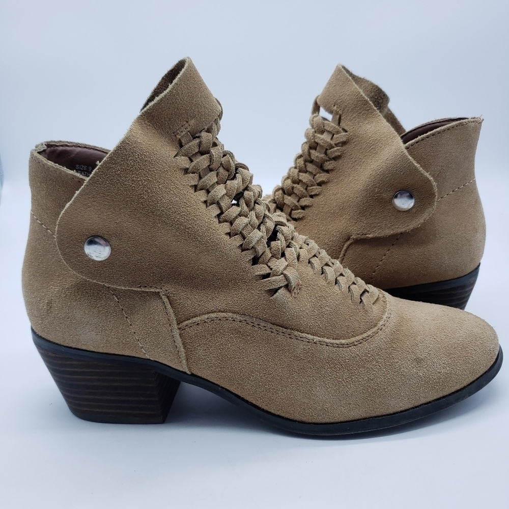 Plume By Farylrobin Women Us 9 Doran Tan Suede Ankle Booties Side Snap Woven